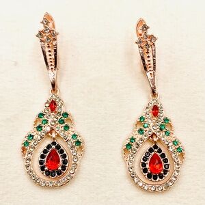 Elegant gold-tone tear drop dangle red green black mandala earrings prom/party